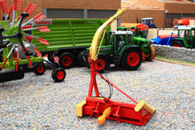 Load image into Gallery viewer, Marge Models 1:32 scale farm machinery scene with a green tractor, yellow forage harvester chute, red mower attachment and green trailer in a miniature farmyard.