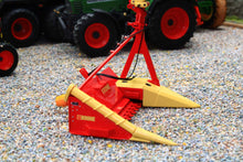 Load image into Gallery viewer, Marge Models 1:32 scale Krone MC16B maize chopper model in red and yellow displayed on gravel beside a tractor