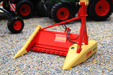 Load image into Gallery viewer, Marge Models 1:32 scale Krone MC16B maize chopper model in red and yellow with cutting header and linkage displayed on gravel