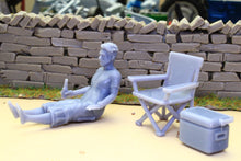 Load image into Gallery viewer, PYOS60 Figure Set 1:32 Scale - Figure in Chair with Beer Cooler (Requires Painting)
