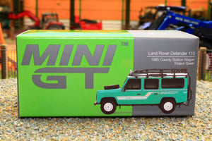 TSMMGT00590R Mini GT 1:64 Scale Land Rover Defender 110 1985 County Station Wagon in Trident Green
