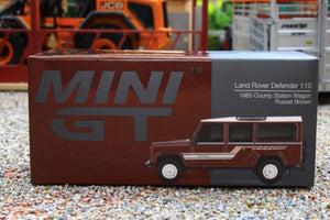 TSMMGT00734R Mini GT 1:64 Scale Land Rover Defender 110 1985 County Station Wagon in Russet Brown RHD