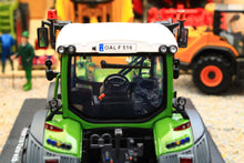 Load image into Gallery viewer, Front view of a green Fendt 516 Vario tractor model with white roof detailed cab and front loader mounts by Universal Hobbies in 1 32 scale