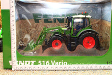 Load image into Gallery viewer, Universal Hobbies Fendt 516 Vario tractor model with front loader and red wheels in a boxed 1 32 scale agricultural display set