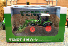 Load image into Gallery viewer, Boxed Universal Hobbies Fendt 516 Vario tractor model with front loader in green shown in a 1:32 scale display package