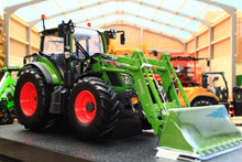 Load image into Gallery viewer, Green Fendt 516 Vario 4WD tractor model with front loader and bucket by Universal Hobbies in 1 32 scale