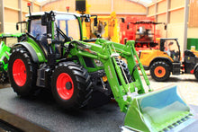 Load image into Gallery viewer, Green Fendt 516 Vario 4WD tractor model with front loader and bucket displayed indoors alongside other farm machinery by Universal Hobbies