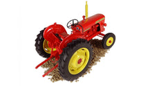 Load image into Gallery viewer, Universal Hobbies 1:16 scale red and yellow David Brown 950 tractor model with rear plough attachment displayed on soil for farm dioramas