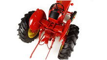 Load image into Gallery viewer, Red and yellow 1:16 scale David Brown 950 Implematic tractor model viewed from above showing rear wheels and three point hitch by Universal Hobbies