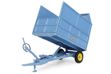 Load image into Gallery viewer, Universal Hobbies blue 1 32 scale Weeks silage trailer model with raised tipping body single axle tow hitch and support stand on a white background