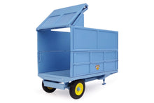 Load image into Gallery viewer, Universal Hobbies 1:32 scale blue silage trailer model with raised cover, side panels, single axle and yellow wheels for farm dioramas