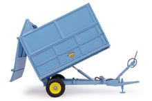 Load image into Gallery viewer, Universal Hobbies 1:32 scale blue Weeks silage trailer model with raised tipping body yellow wheels drawbar and support stand on a white background
