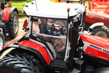 Load image into Gallery viewer, Universal Hobbies Massey Ferguson 9S.425 4WD tractor model in red with white roof and detailed enclosed cab close up