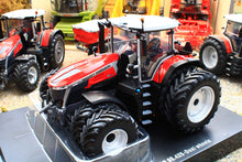 Load image into Gallery viewer, Universal Hobbies Massey Ferguson 9S.425 4WD tractor model in red with dual wheels displayed on a black base