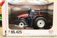Load image into Gallery viewer, Universal Hobbies Massey Ferguson 9S.425 red 4WD tractor model in a display box with large tyres and detailed cab for collectors aged 14 and over