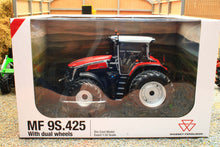 Load image into Gallery viewer, Universal Hobbies Massey Ferguson 9S.425 4WD tractor model with dual wheels in branded display packaging at 1:32 scale