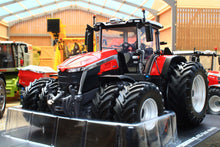 Load image into Gallery viewer, Universal Hobbies Massey Ferguson 9S.425 4WD tractor model with dual wheels displayed on a stand among other agricultural models
