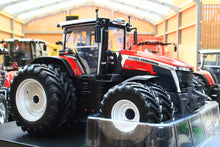 Load image into Gallery viewer, Universal Hobbies Massey Ferguson 9S.425 4WD tractor model with dual wheels displayed in a clear case among other agricultural models