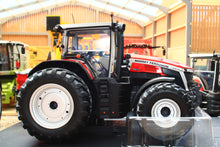 Load image into Gallery viewer, Universal Hobbies Massey Ferguson 9S.425 4WD tractor model with dual wheels displayed in a clear case showcasing detailed red and black diecast farm machinery