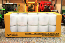 Load image into Gallery viewer, Universal Hobbies 1:32 scale set of 20 white wrapped round silage bales in a display box. Only the bales are included.