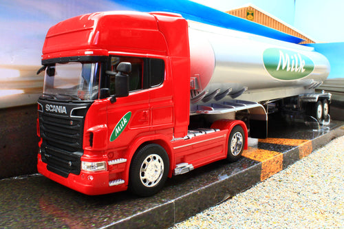 WEL32672 Welly 1:32 Scale Scania R730 4x2 Lorry in Red with Silver 'Milk Tanker' Trailer