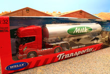 Load image into Gallery viewer, WEL32672 Welly 1:32 Scale Scania R730 4x2 Lorry in Red with Silver &#39;Milk Tanker&#39; Trailer