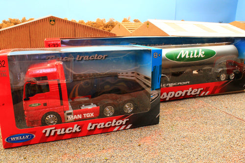 WELMT01 Welly MAN TGX 6x4 Lorry in Red with Milk Tanker in Silver