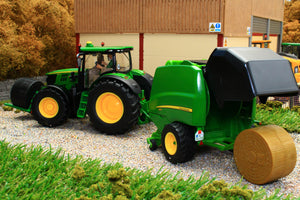 3838 Siku 1:32 Scale John Deere 6175R 4WD Tractor with John Deere Round Baler, Front mounted bale lifter and 2 x round bales