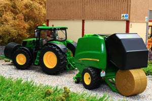 3838 Siku 1:32 Scale John Deere 6175R 4WD Tractor with John Deere Round Baler, Front mounted bale lifter and 2 x round bales