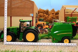 3838 Siku 1:32 Scale John Deere 6175R 4WD Tractor with John Deere Round Baler, Front mounted bale lifter and 2 x round bales