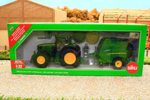 Load image into Gallery viewer, 3838 Siku 1:32 Scale John Deere 6175R 4WD Tractor with John Deere Round Baler, Front mounted bale lifter and 2 x round bales