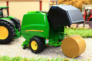 3838 Siku 1:32 Scale John Deere 6175R 4WD Tractor with John Deere Round Baler, Front mounted bale lifter and 2 x round bales