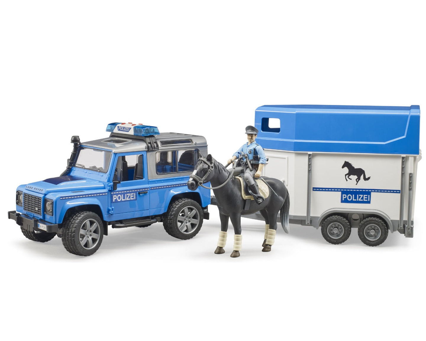 B02588 Bruder Land Rover Defender Station Wagon Police With Horsebox Horse And Policeman Tractors