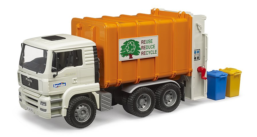 B02772 Bruder MAN TGA Recycling Truck in Orange with 2 bins