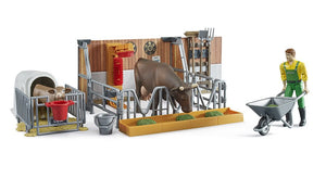 B62611 Bruder BWorld Cow and Calf Barn with Farmer – Brushwood Toys