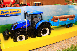 BUR44068 BURAGO 1:32 SCALE NEW HOLLAND T7 HD 4WD TRACTOR WITH LOG TRAILER