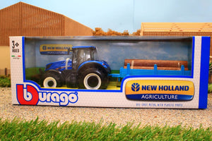 BUR44068 BURAGO 1:32 SCALE NEW HOLLAND T7 HD 4WD TRACTOR WITH LOG TRAILER