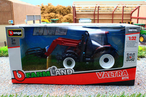 BUR44082 BURAGO 1:32 Scale Valtra N174 Tractor with Front Loader and Round Bale Grab