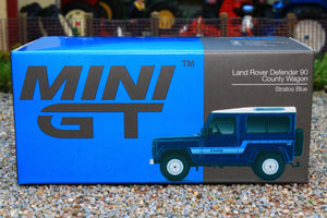 MGT00353R Mini GT 164 Scale Land Rover Defender 90 County Station Wagon in Statos Blue RHD