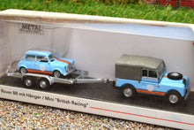 Load image into Gallery viewer, SHU26595 Schuco 1:87 Scale Land Rover 88 with Mini on trailer in Gulf Colours