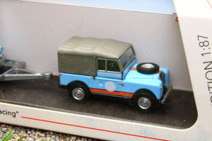 SHU26595 Schuco 1:87 Scale Land Rover 88 with Mini on trailer in Gulf Colours