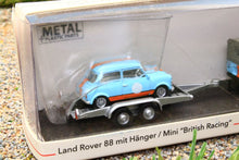 Load image into Gallery viewer, SHU26595 Schuco 1:87 Scale Land Rover 88 with Mini on trailer in Gulf Colours
