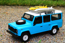 Load image into Gallery viewer, TSMMGT00109L MINI GT MODELS 1:64 SCALE Land Rover Defender 110 Light Blue with Surfboard